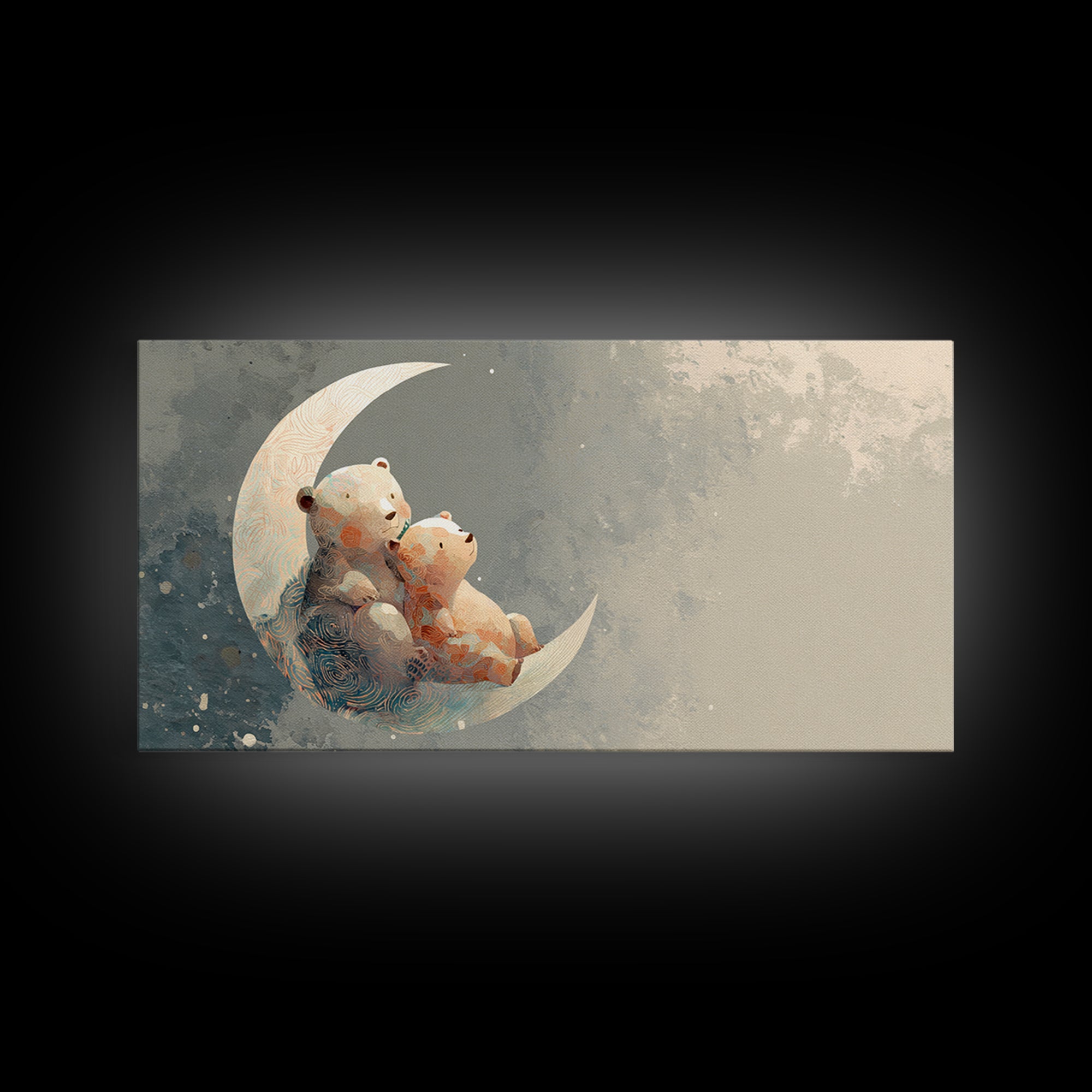 Baby Bear Floating on a Crescent Moon Canvas Print, Nursery Art, Boho Decor, Nursery Decor, Abstract Art, Nursery, NUR-2x1-2