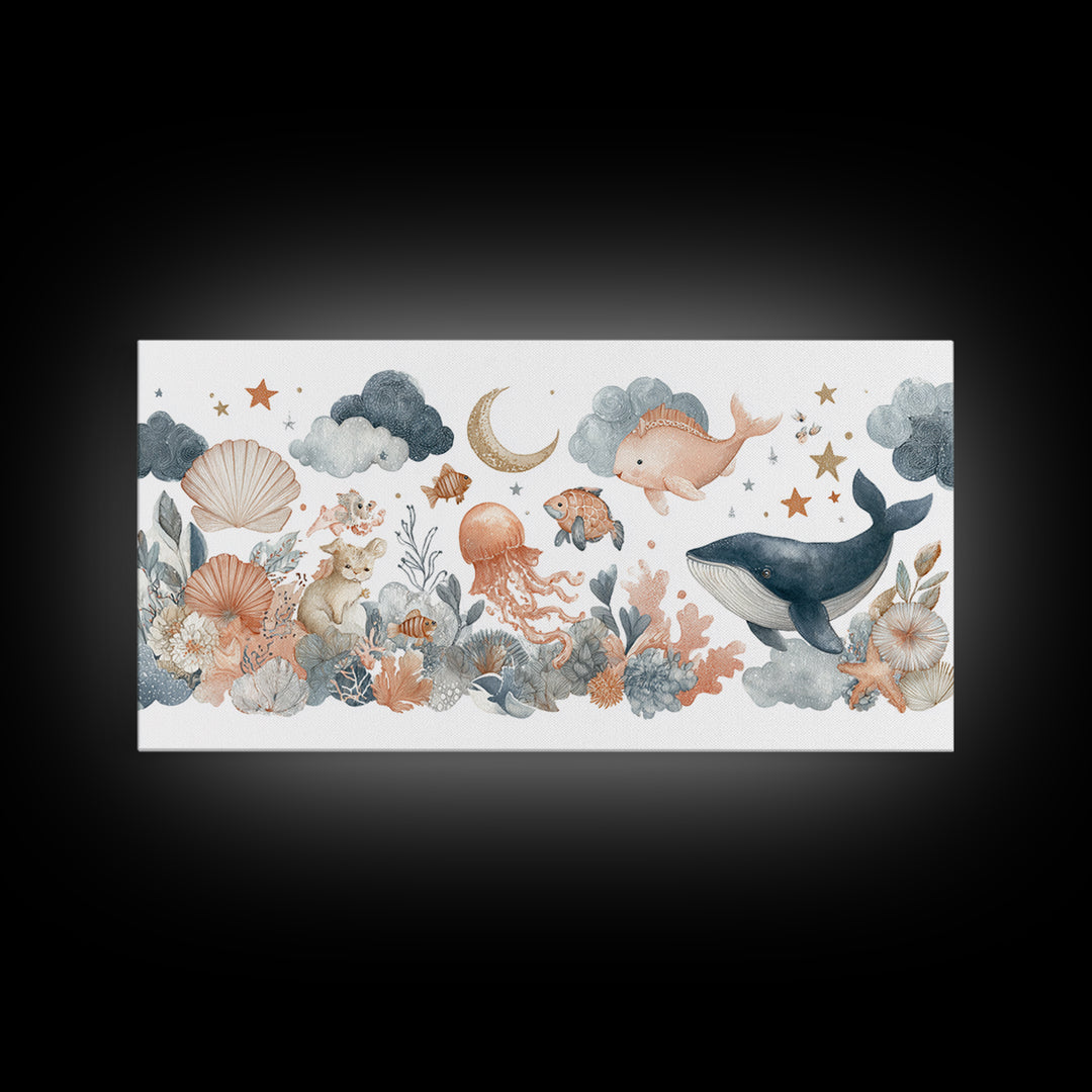 Friendly Ocean Creatures Framed Canvas Print, Nursery Art, Fine Art Print, Nursery Decor, Watercolor Art, Nursery, Digital Art, NUR-2x1-20