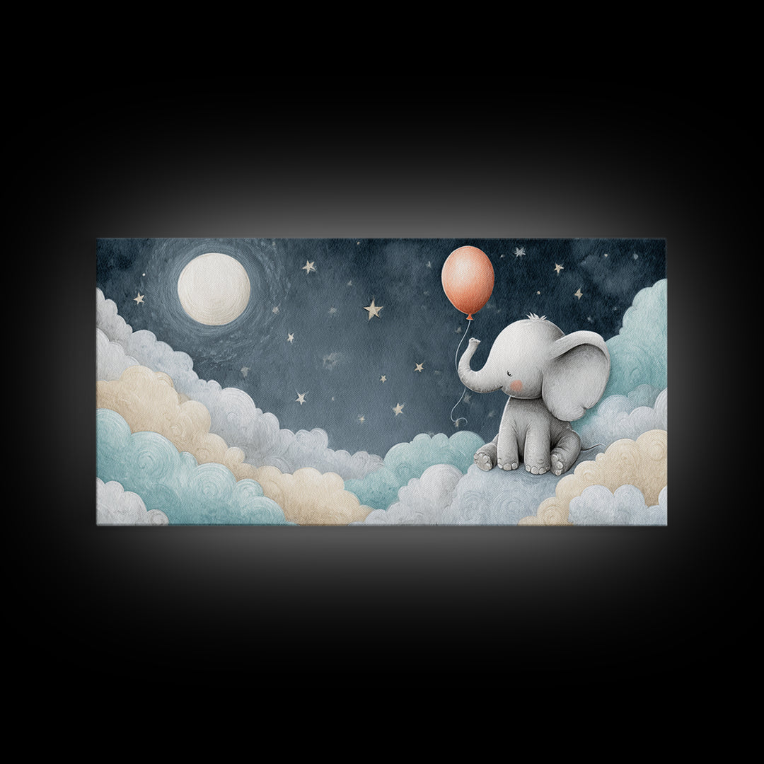 Sleepy Baby Elephant Holding a Tiny Balloon Canvas Print, Nursery Art, Wall Art, Nursery Decor, Oil Painting, Nursery, NUR-2x1-21