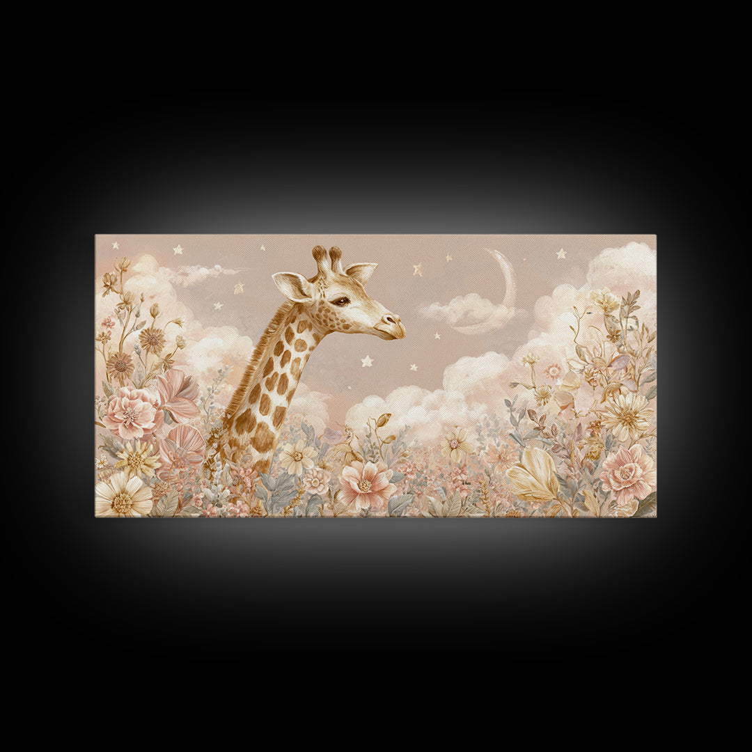 Gentle Giraffe with Pastel Flowers Canvas Print, Nursery Art, Statement Artwork, Nursery Decor, Fine Art, Nursery, NUR-2x1-22