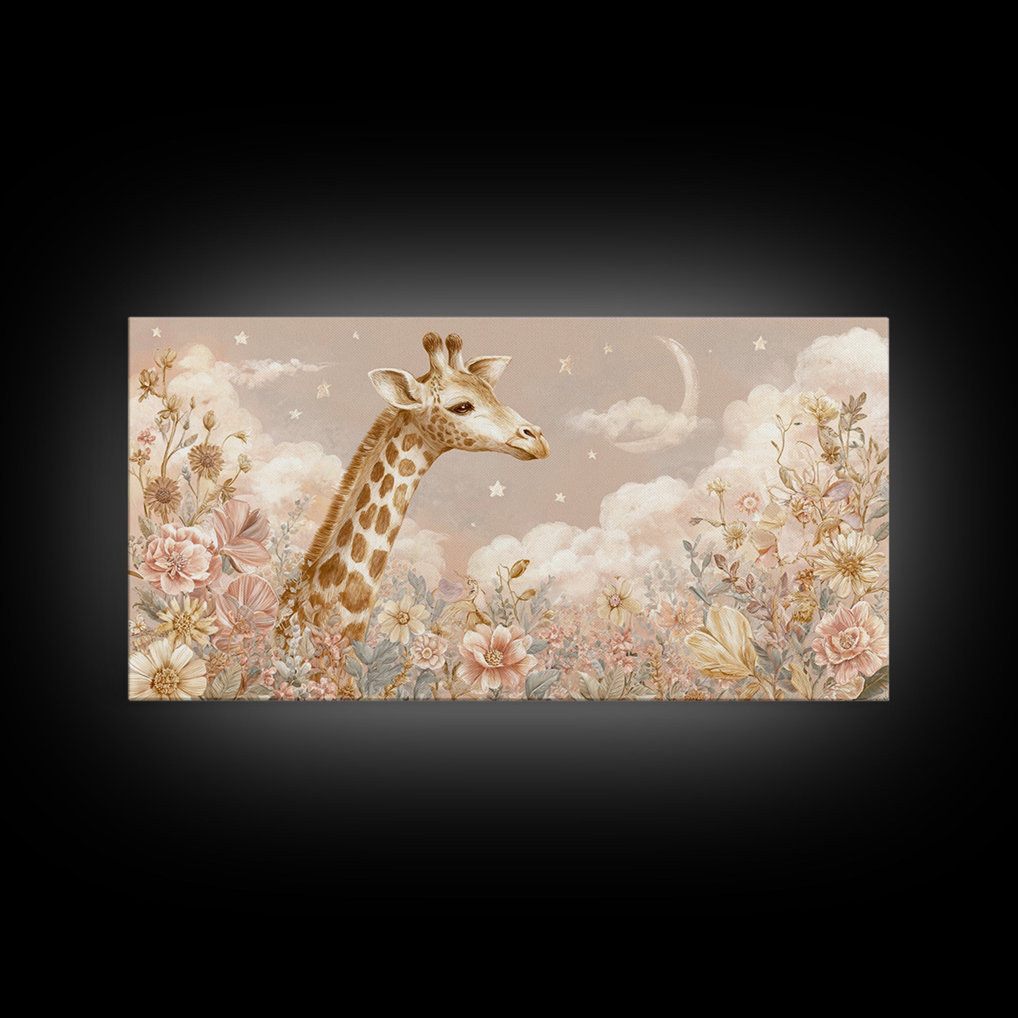 Gentle Giraffe with Pastel Flowers Canvas Print, Nursery Art, Statement Artwork, Nursery Decor, Fine Art, Nursery, NUR-2x1-22