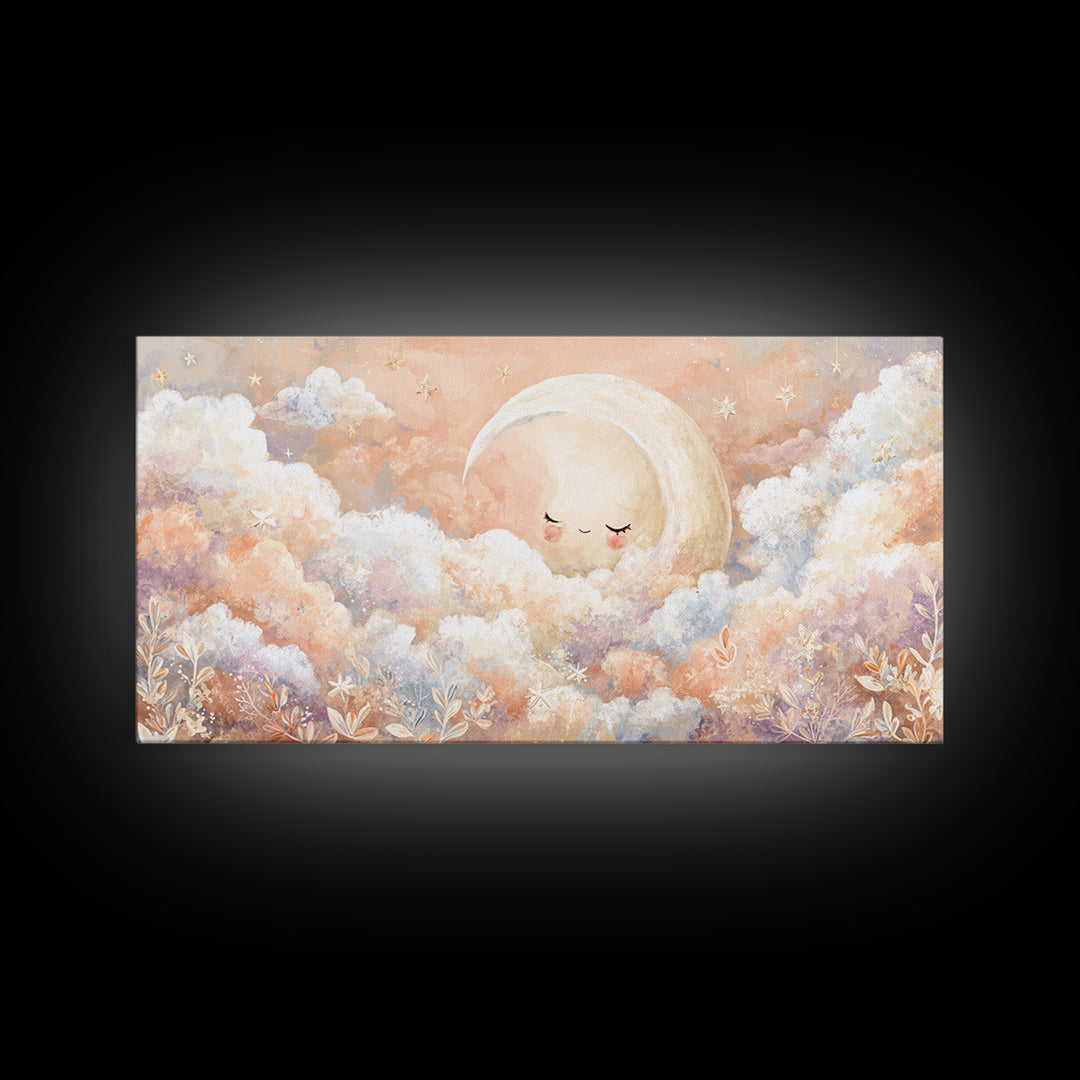 Moon and Stars Framed Canvas Print, Nursery Art, Nursery Decor, Watercolor Art, Nursery, Kids Wall Art, Woodland Nursery, NUR-2x1-23