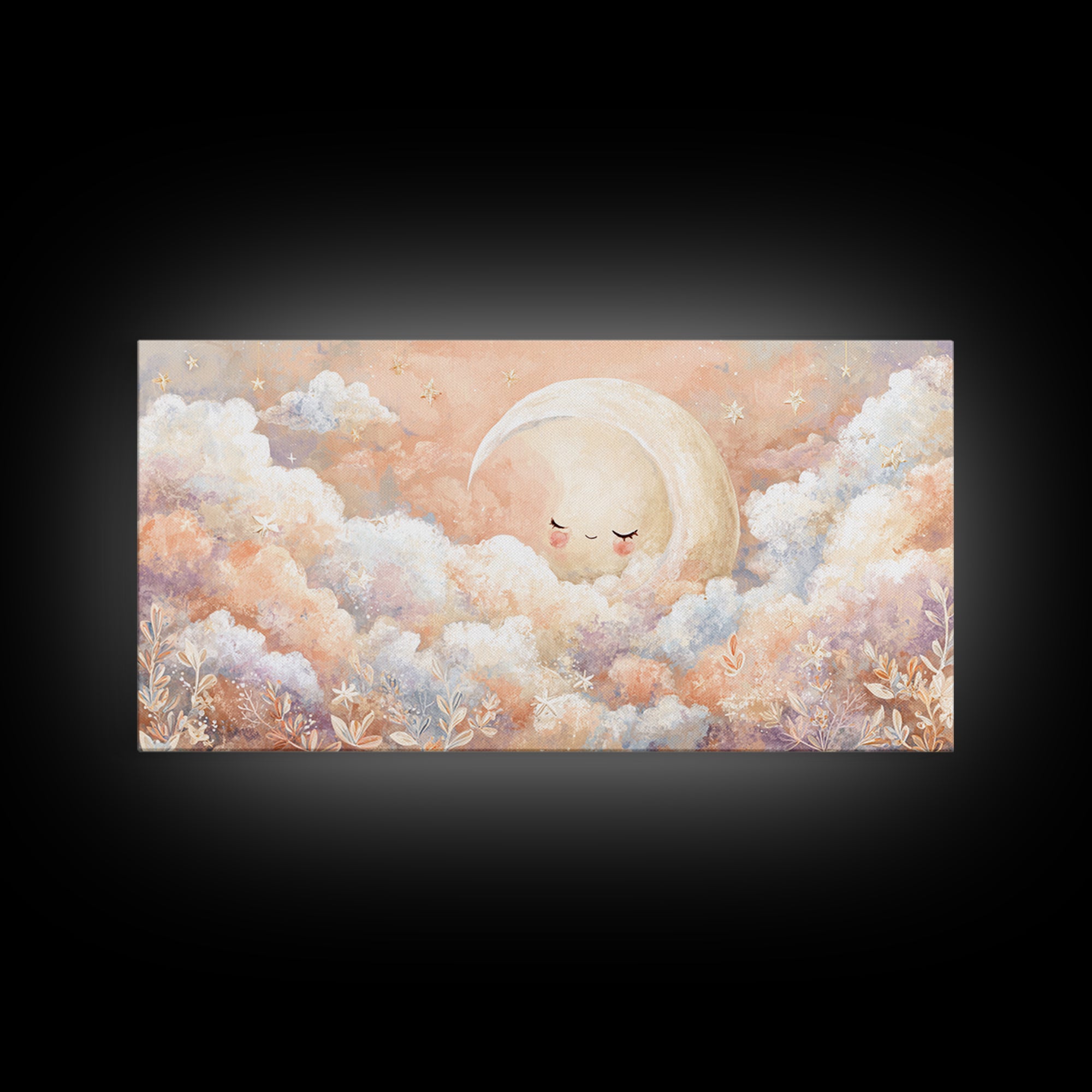 Moon and Stars Framed Canvas Print, Nursery Art, Nursery Decor, Watercolor Art, Nursery, Kids Wall Art, Woodland Nursery, NUR-2x1-23