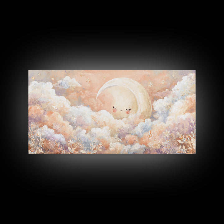 Moon and Stars Framed Canvas Print, Nursery Art, Nursery Decor, Watercolor Art, Nursery, Kids Wall Art, Woodland Nursery, NUR-2x1-23