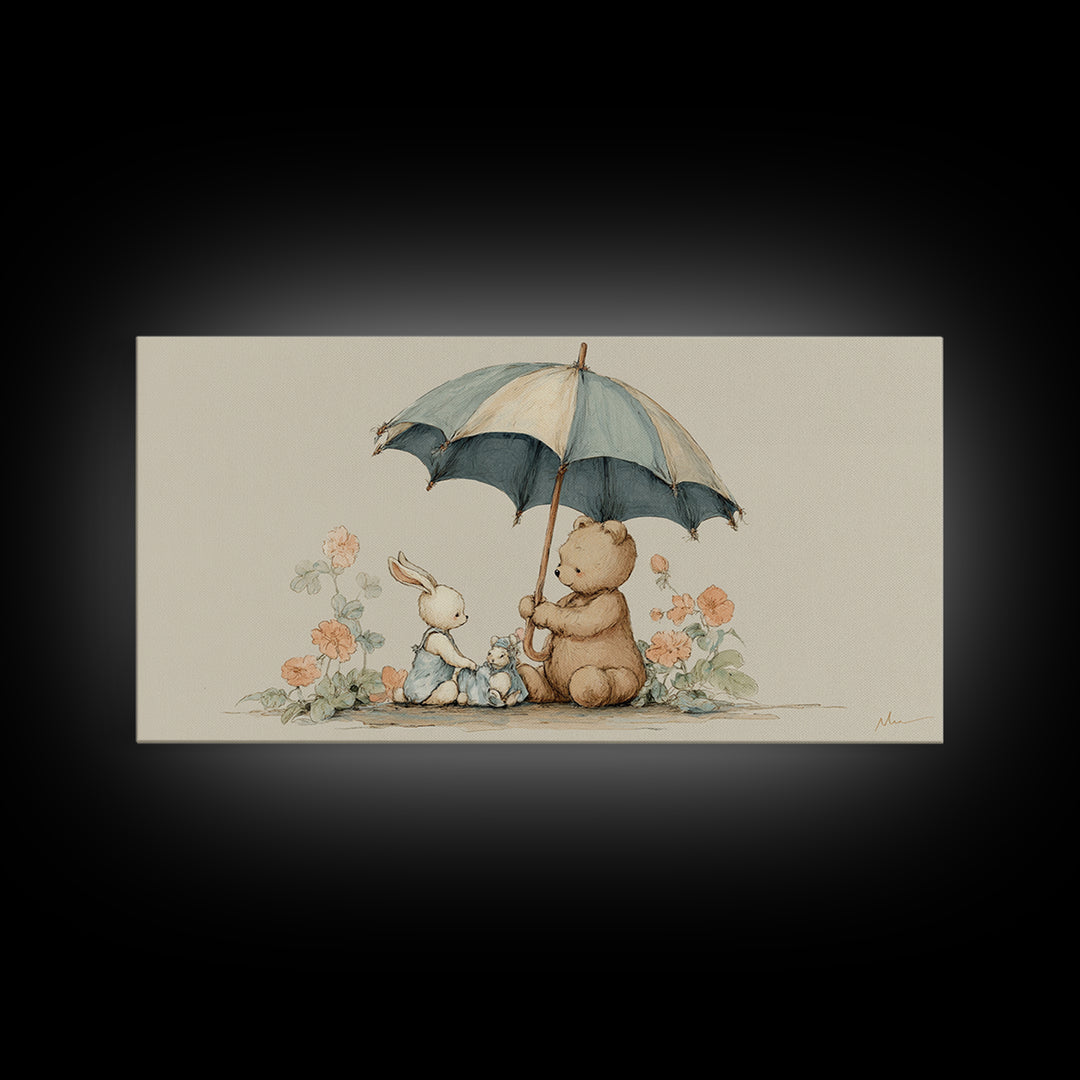 Bear and Rabbit Sharing Umbrella Framed Canvas Print, Nursery Art, Minimalist Decor, Nursery Decor, Fine Art, Nursery, NUR-2x1-37