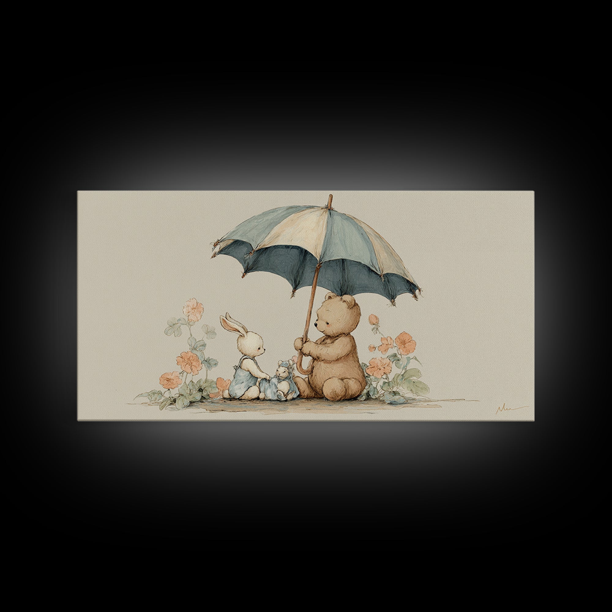 Bear and Rabbit Sharing Umbrella Framed Canvas Print, Nursery Art, Minimalist Decor, Nursery Decor, Fine Art, Nursery, NUR-2x1-37