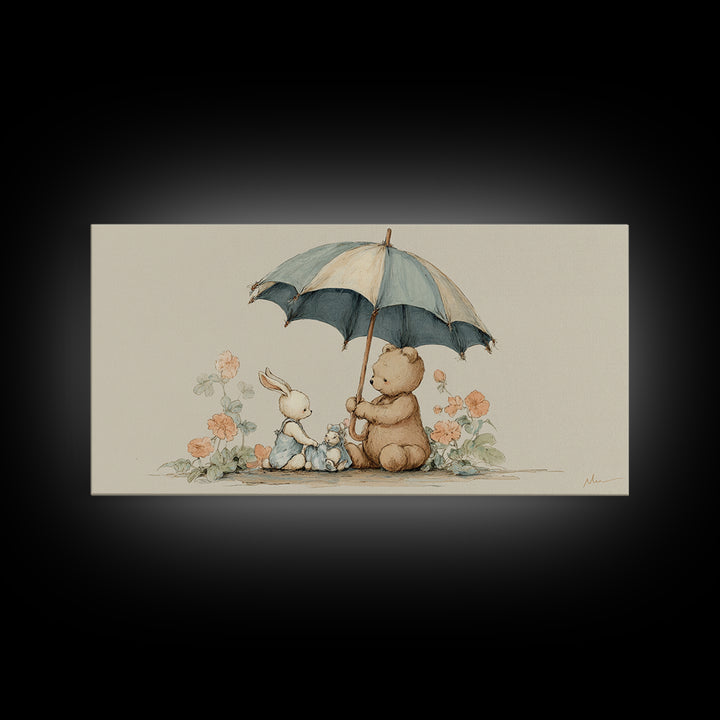 Bear and Rabbit Sharing Umbrella Framed Canvas Print, Nursery Art, Minimalist Decor, Nursery Decor, Fine Art, Nursery, NUR-2x1-37