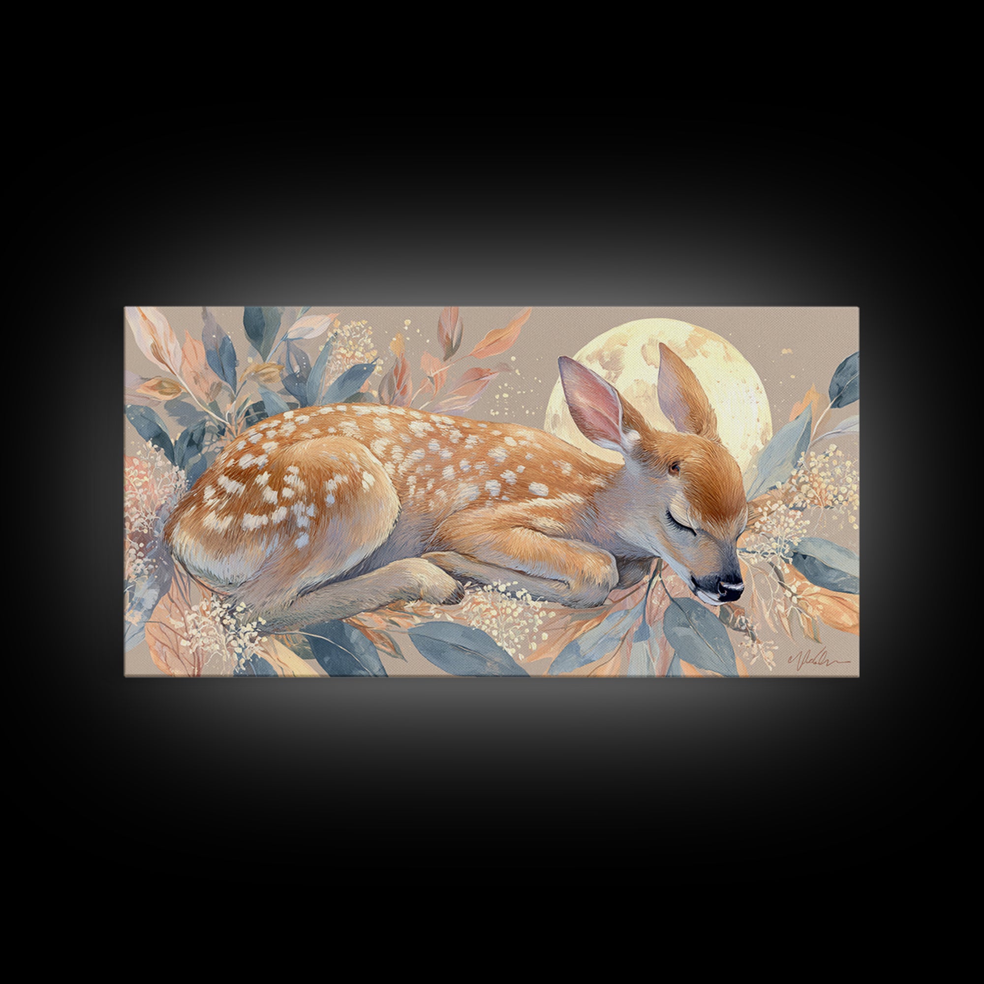 Deer Fawn Sleeping Framed Canvas Print, Nursery Art, Wall Hangings, Nursery Decor, Fine Art, Nursery, Digital Download Art, NUR-2x1-43