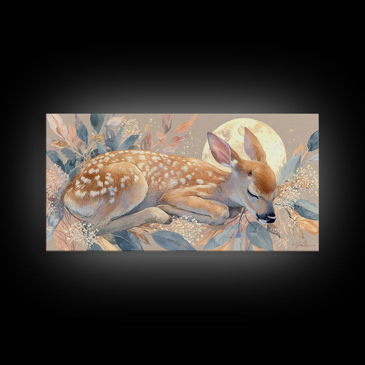 Deer Fawn Sleeping Framed Canvas Print, Nursery Art, Wall Hangings, Nursery Decor, Fine Art, Nursery, Digital Download Art, NUR-2x1-43