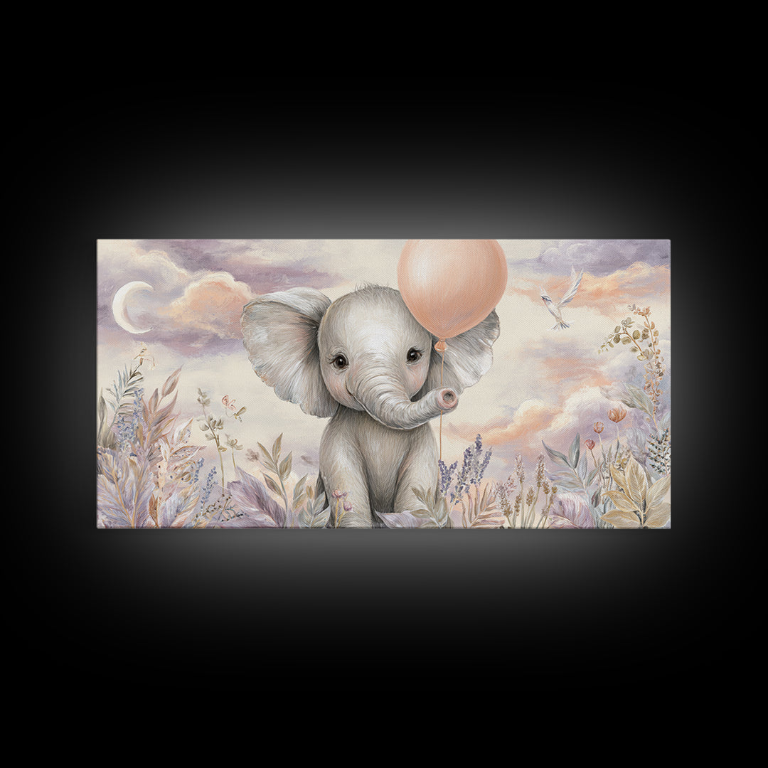 Sleepy Baby Elephant Holding a Tiny Balloon Framed Canvas Print, Nursery Art, Nursery Decor, Fine Art, Nursery, Kids Wall Art, NUR-2x1-45