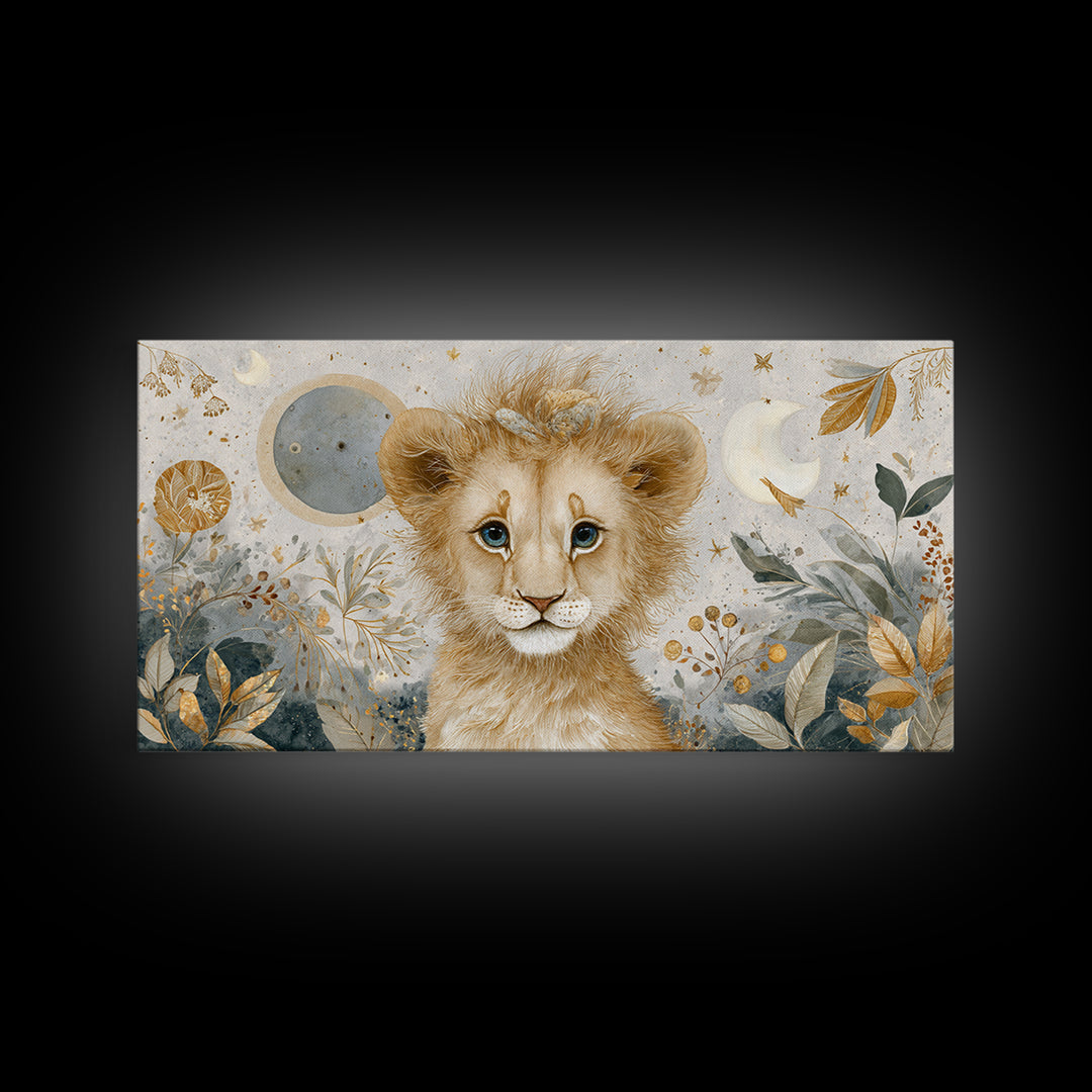 Lion Cub with Soft Golden Mane Framed Canvas Print, Nursery Art, Nursery Decor, Watercolor Art, Nursery 105, Wall Art Set of, NUR-2x1-5