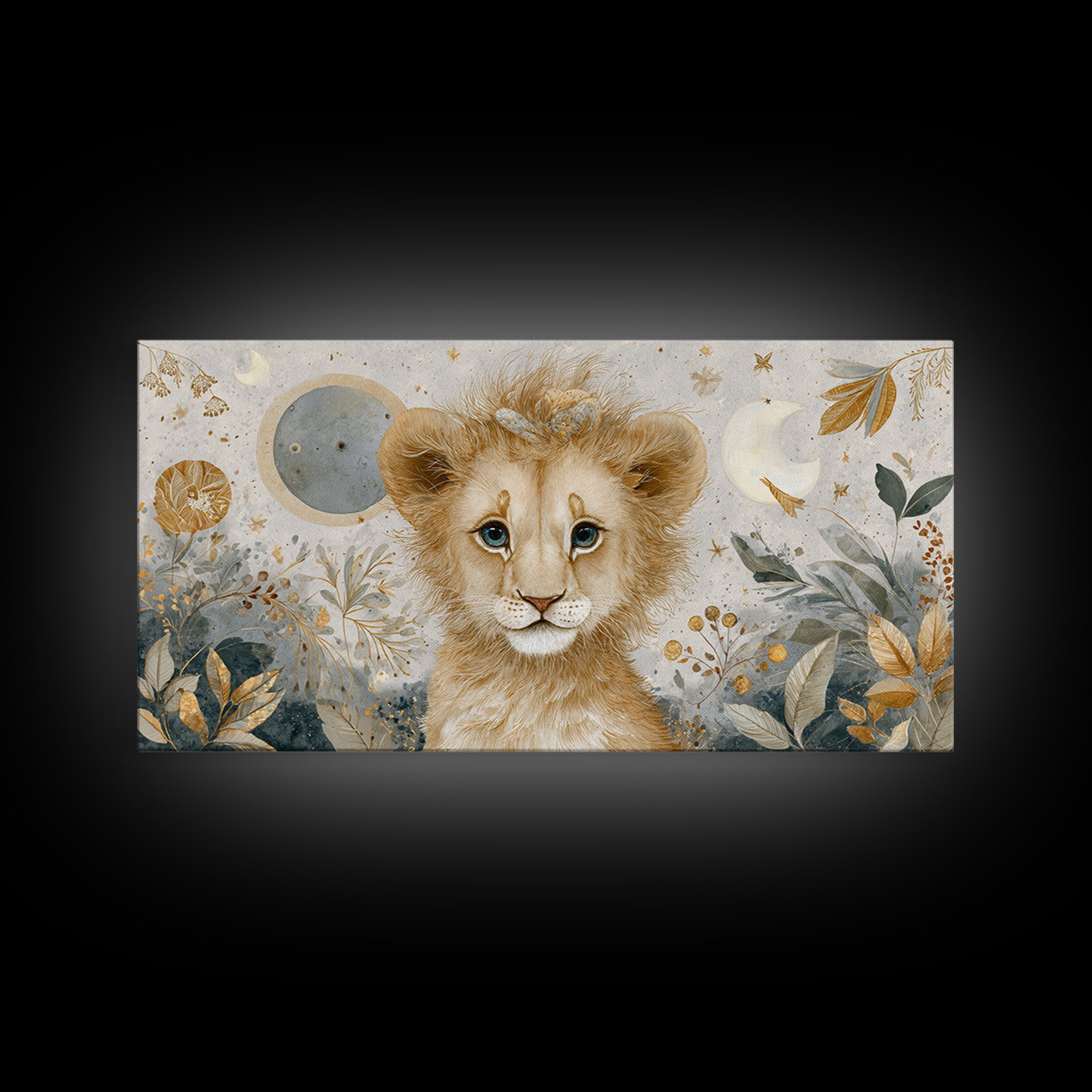 Lion Cub with Soft Golden Mane Framed Canvas Print, Nursery Art, Nursery Decor, Watercolor Art, Nursery 105, Wall Art Set of, NUR-2x1-5