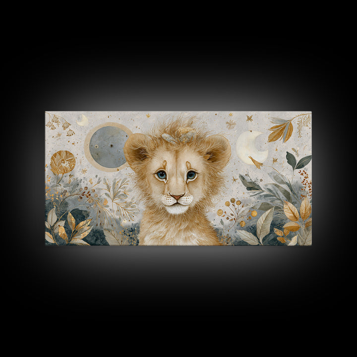 Lion Cub with Soft Golden Mane Framed Canvas Print, Nursery Art, Nursery Decor, Watercolor Art, Nursery 105, Wall Art Set of, NUR-2x1-5