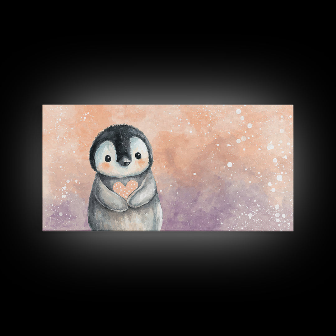 Penguin Holding a Little Heart Shape Canvas Print, Nursery Art, Contemporary Art, Nursery Decor, Abstract Art, Nursery, NUR-2x1-54