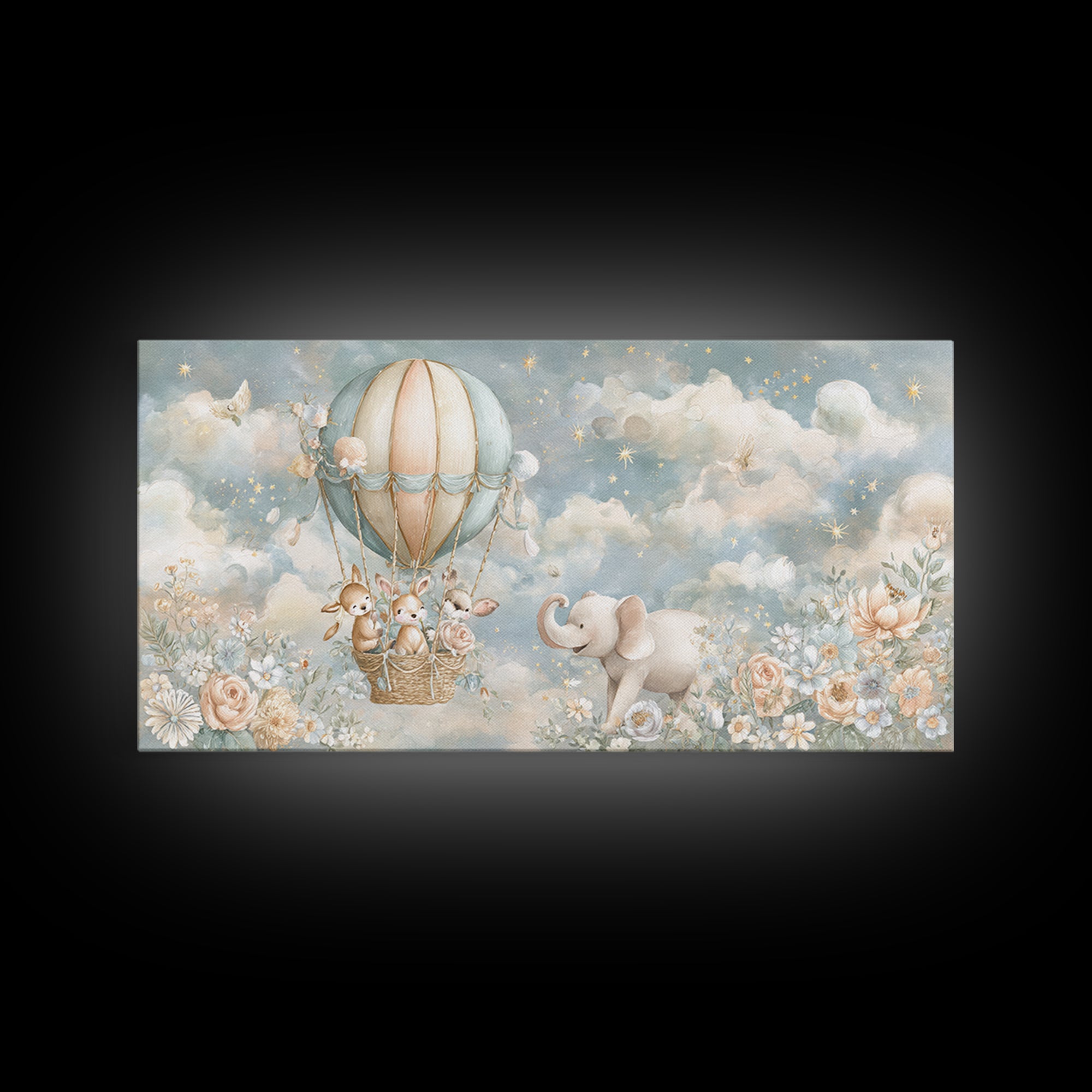 Floating Hot Air Balloon Framed Canvas Print, Nursery Art, Wall Hangings, Nursery Decor, Nursery, Digital Download Art, NUR-2x1-56