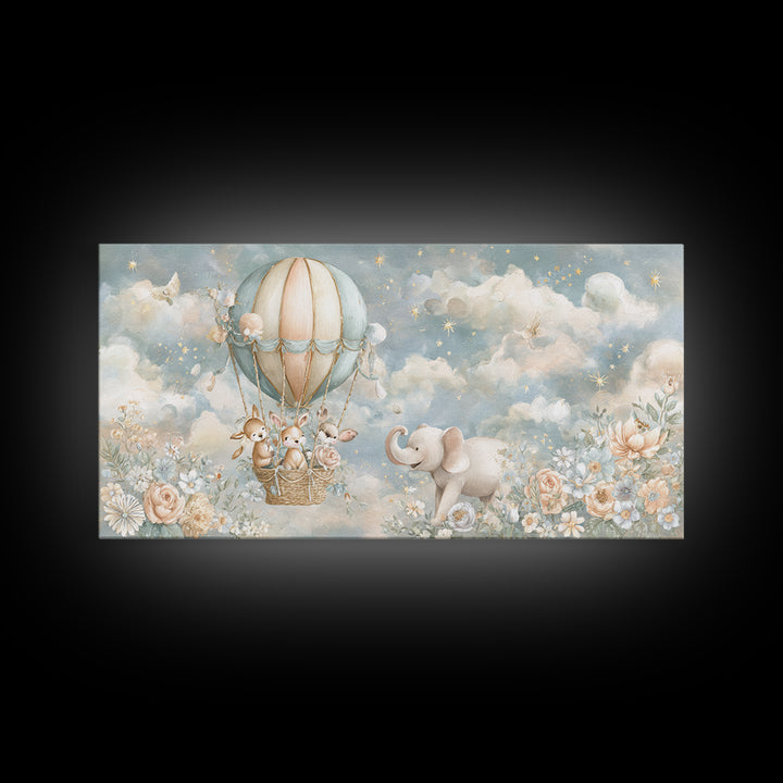 Floating Hot Air Balloon Framed Canvas Print, Nursery Art, Wall Hangings, Nursery Decor, Nursery, Digital Download Art, NUR-2x1-56