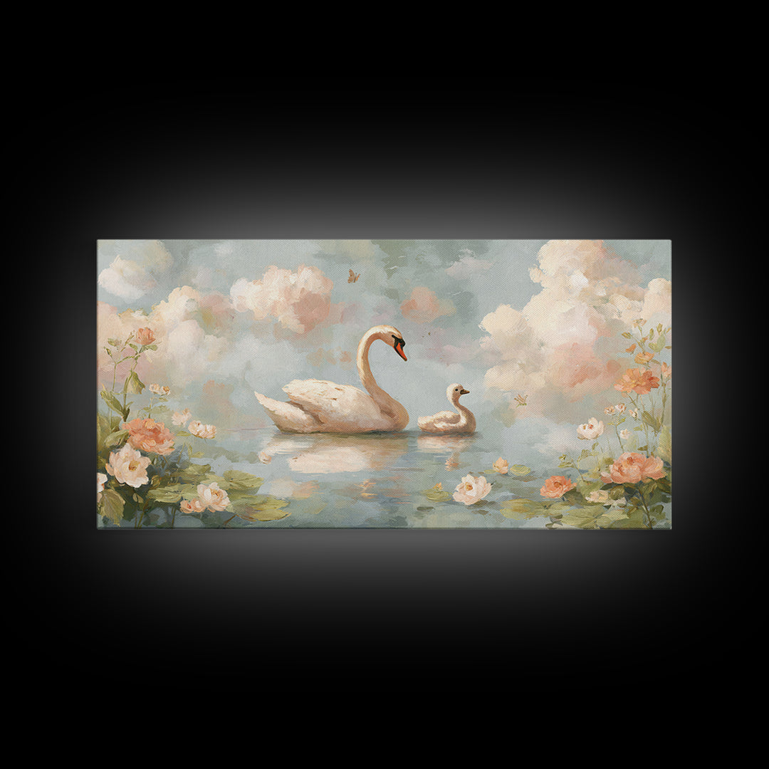Swan and Cygnet Framed Canvas Print, Nursery Art, Nursery Decor, Oil Painting, Nursery, Kids Wall Art, Woodland Nursery, NUR-2x1-60