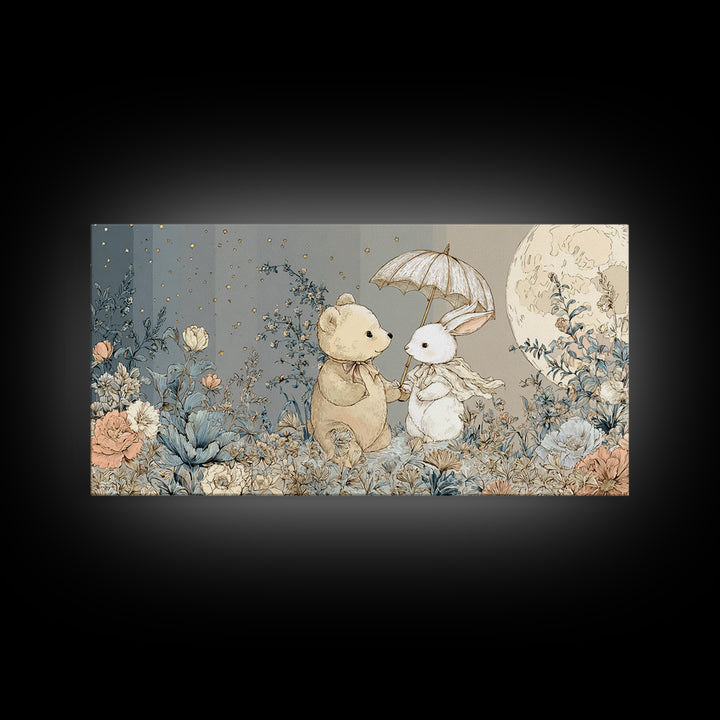 Bear and Rabbit Sharing Umbrella Canvas Print, Nursery Art, Printable Wall Art, Nursery Decor, Nursery, Butterfly Wall Art, NUR-2x1-61