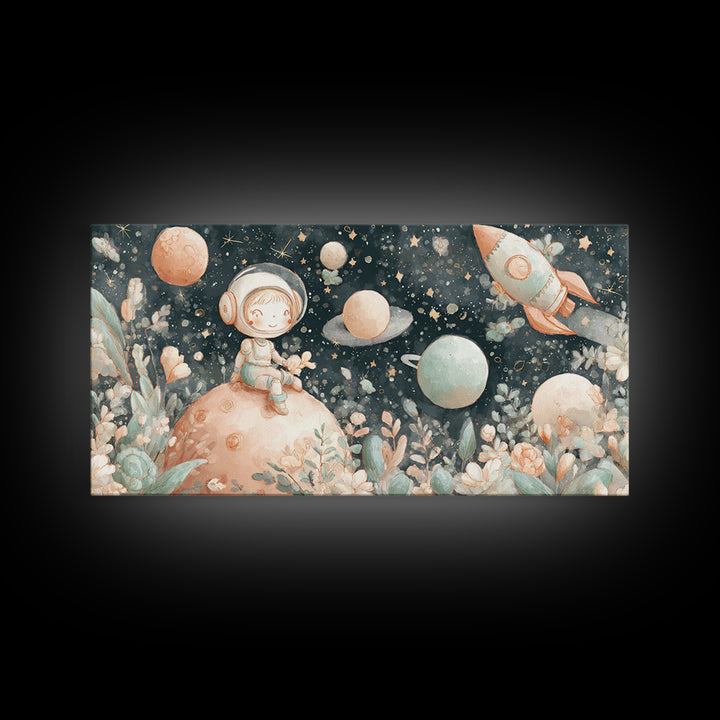 Rocket Ship and Smiling Planets Framed Canvas Print, Nursery Art, Wall Hangings, Nursery Decor, Abstract Art, Nursery, NUR-2x1-65