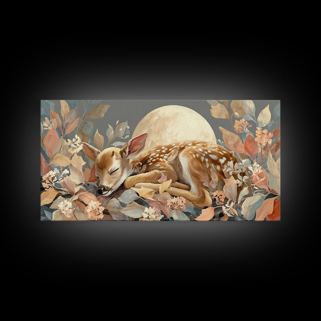Deer Fawn Sleeping Framed Canvas Print, Nursery Art, Kids Room Art, Nursery Decor, Fine Art, Nursery, Textured Painting, NUR-2x1-67