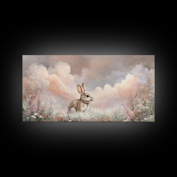 Soft Bunny in a Wildflower Meadow Canvas Print, Nursery Art, Nursery Wall Art, Nursery Decor, Watercolor Art, Nursery, NUR-2x1-73