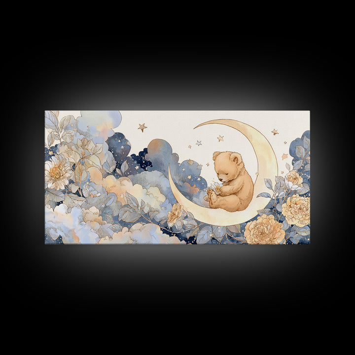 Baby Bear Floating on a Crescent Moon Canvas Print, Nursery Art, Printable Wall Art, Nursery Decor, Watercolor Art, Nursery, NUR-2x1-74