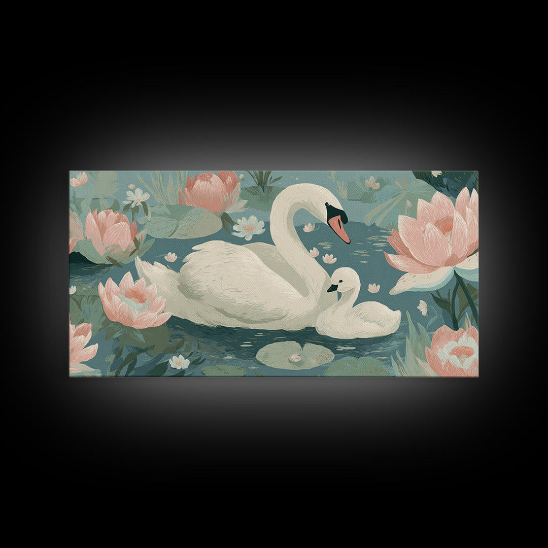 Swan and Cygnet Framed Canvas Print, Nursery Art, Digital Download Art, Nursery Decor, Fine Art, Nursery, Whimsical Wall Art, NUR-2x1-84