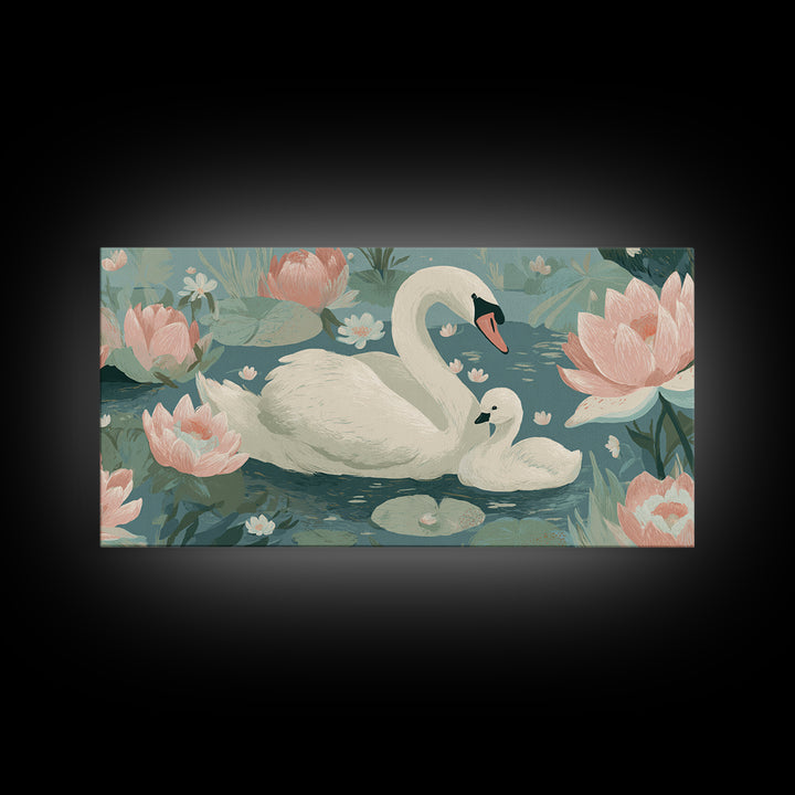 Swan and Cygnet Framed Canvas Print, Nursery Art, Digital Download Art, Nursery Decor, Fine Art, Nursery, Whimsical Wall Art, NUR-2x1-84