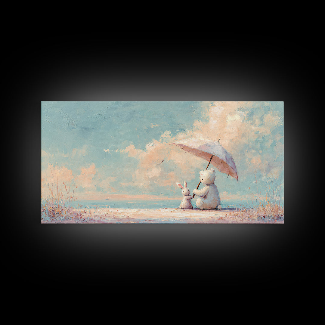 Bear and Rabbit Sharing Umbrella Framed Canvas Print, Nursery Art, Wall Art Print, Nursery Decor, Nursery, Baby Girl Nursery, NUR-2x1-85
