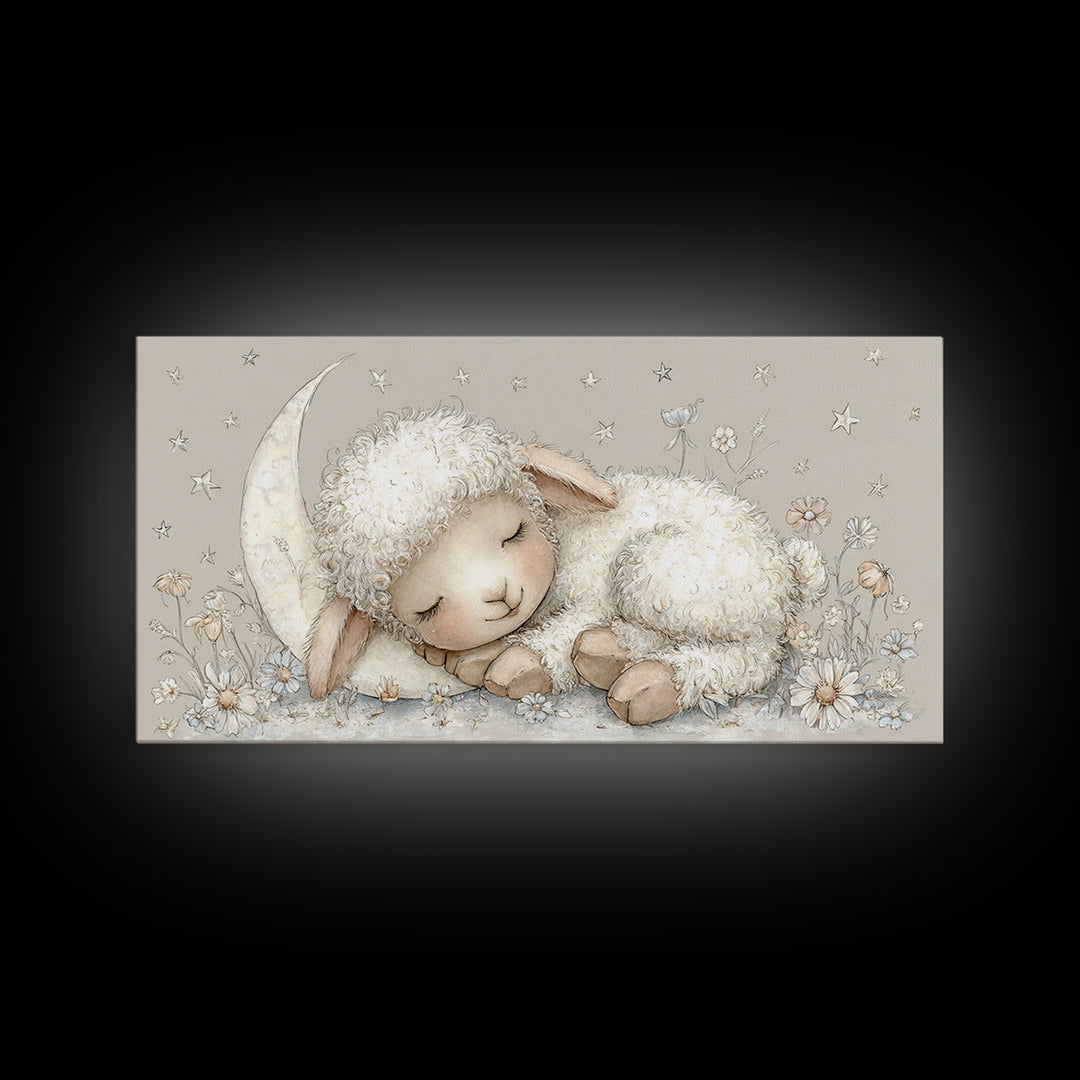Little Lamb under a Starry Sky Framed Canvas Print, Nursery Art, Playroom Wall Decor, Nursery Decor, Fine Art, Nursery, NUR-2x1-87