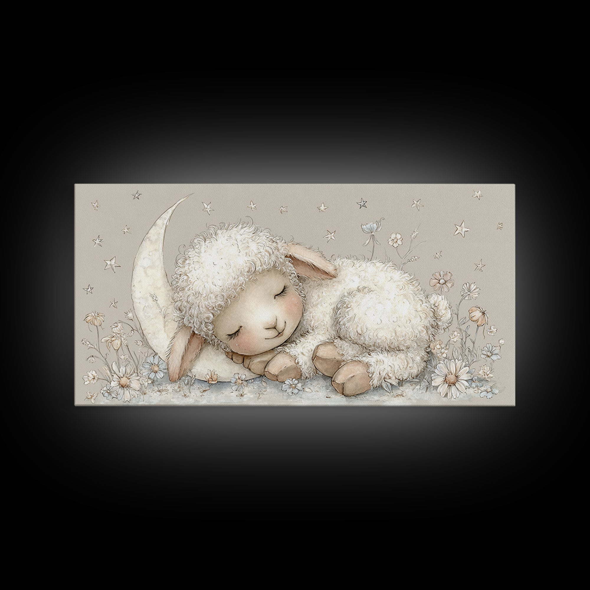 Little Lamb under a Starry Sky Framed Canvas Print, Nursery Art, Playroom Wall Decor, Nursery Decor, Fine Art, Nursery, NUR-2x1-87