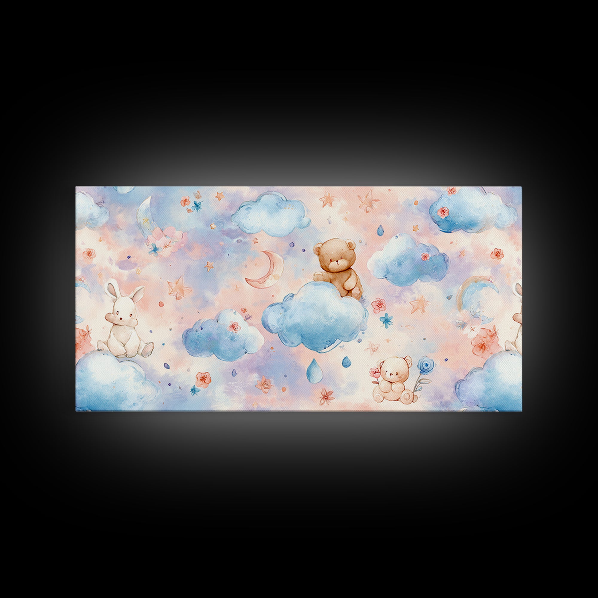 Clouds and Raindrops Framed Canvas Print, Nursery Art, Art Print, Nursery Decor, Oil Painting, Nursery 190, Wall Art Set of, NUR-2x1-90