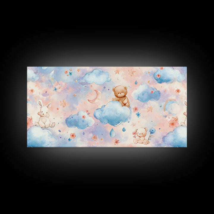 Clouds and Raindrops Framed Canvas Print, Nursery Art, Art Print, Nursery Decor, Oil Painting, Nursery 190, Wall Art Set of, NUR-2x1-90