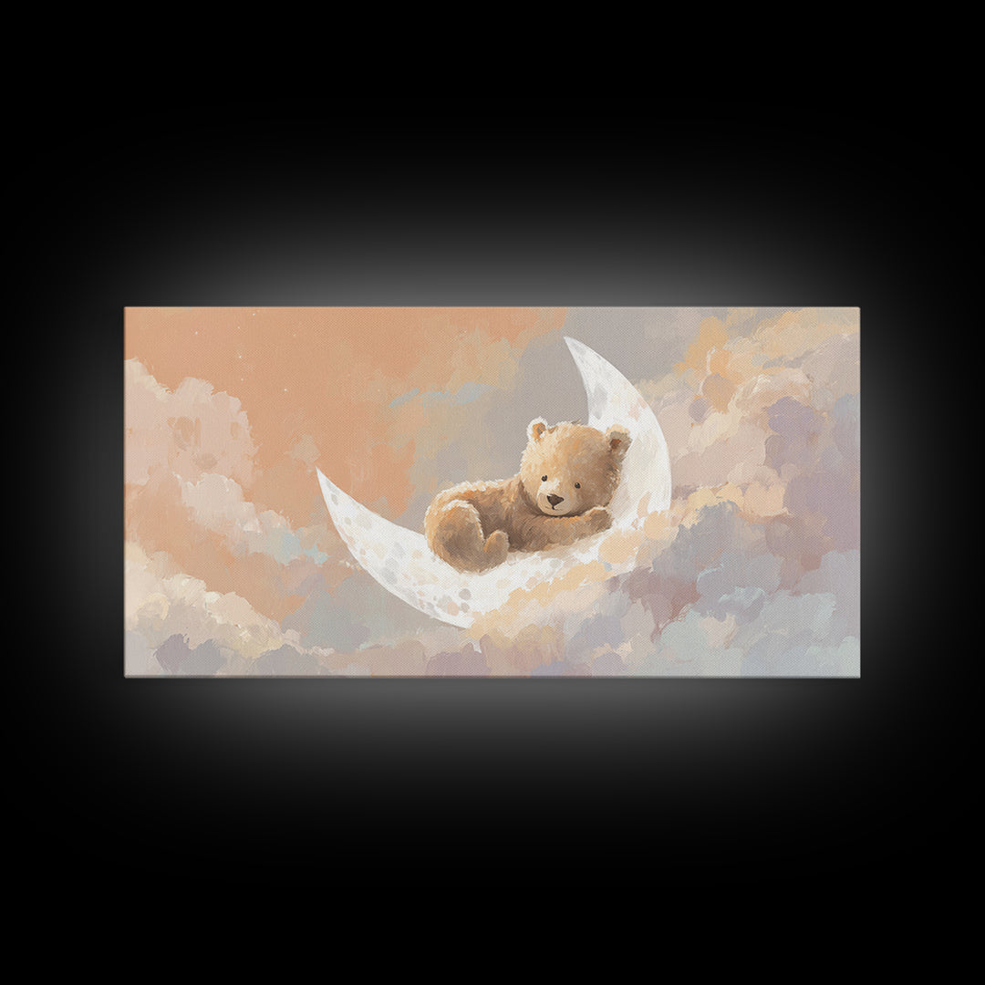 Baby Bear Floating on a Crescent Moon Canvas Print, Nursery Art, Printable Wall Art, Nursery Decor, Watercolor Art, Nursery, NUR-2x1-98