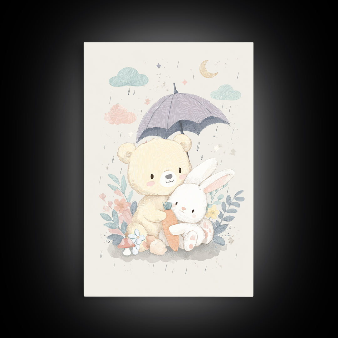 Bear and Rabbit Sharing Umbrella Framed Canvas Print, Nursery Art, Wall Art, Nursery Decor, Fine Art, Nursery, Nursery Prints, NUR-2x3-1