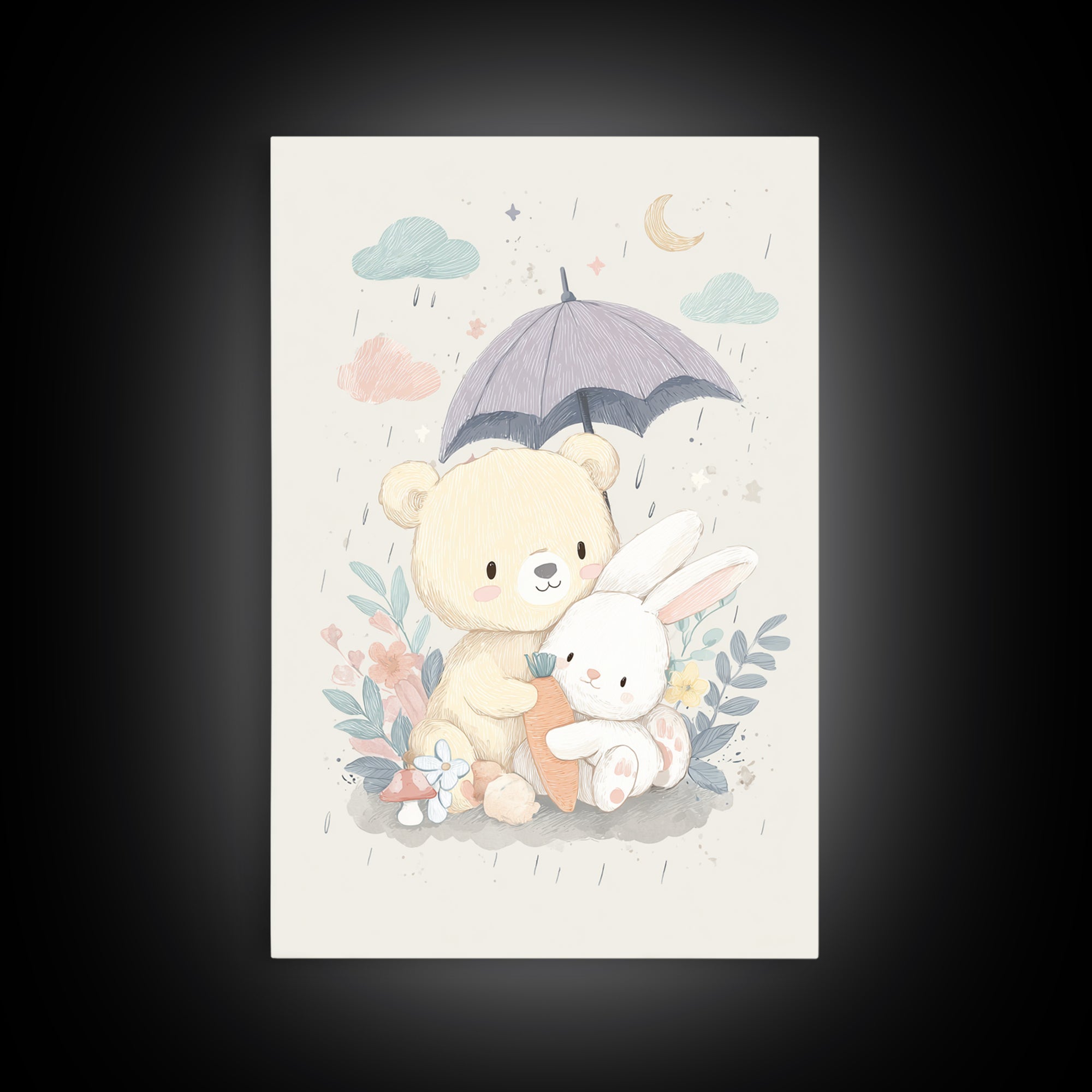 Bear and Rabbit Sharing Umbrella Framed Canvas Print, Nursery Art, Wall Art, Nursery Decor, Fine Art, Nursery, Nursery Prints, NUR-2x3-1