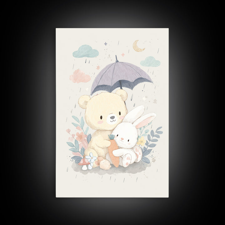 Bear and Rabbit Sharing Umbrella Framed Canvas Print, Nursery Art, Wall Art, Nursery Decor, Fine Art, Nursery, Nursery Prints, NUR-2x3-1
