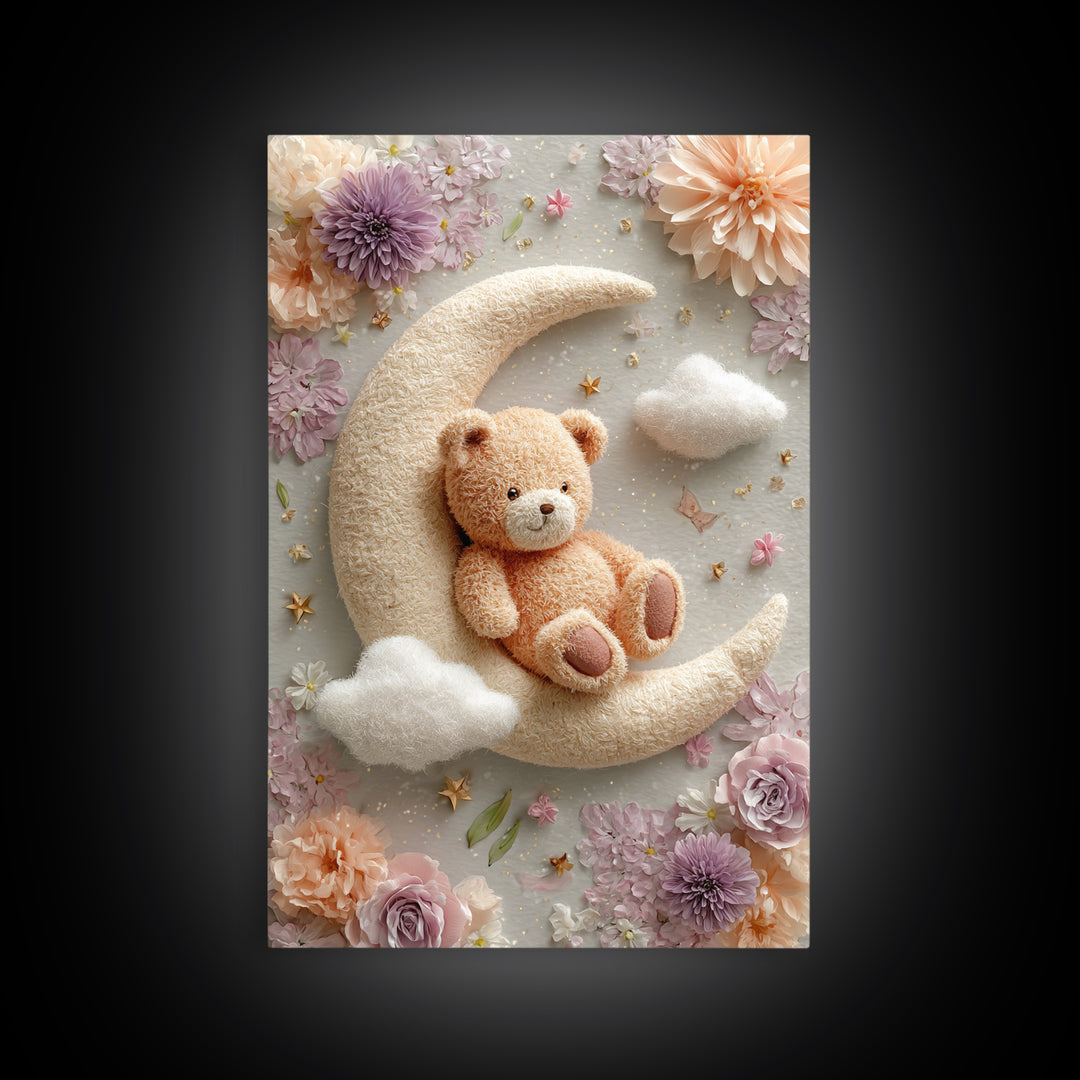 Baby Bear Floating on a Crescent Moon Canvas Print, Nursery Art, Luxury Decor, Nursery Decor, Oil Painting, Nursery, NUR-2x3-14