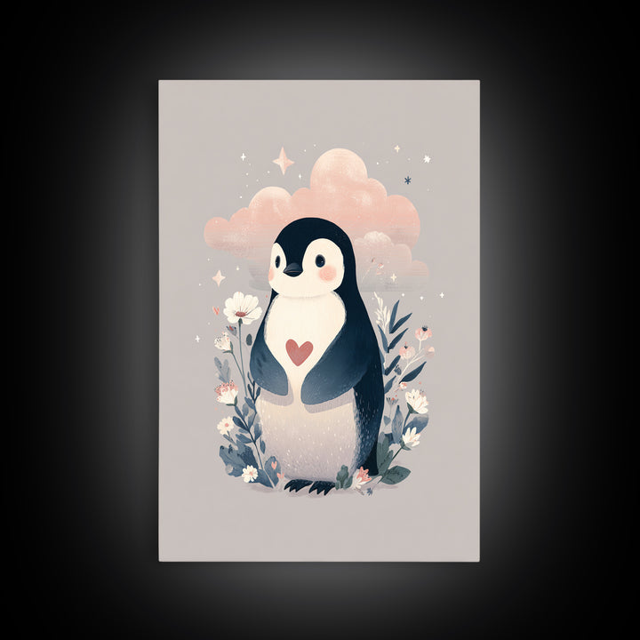 Penguin Holding a Little Heart Shape Framed Canvas Print, Nursery Art, Room Decor, Nursery Decor, Abstract Art, Nursery, NUR-2x3-18