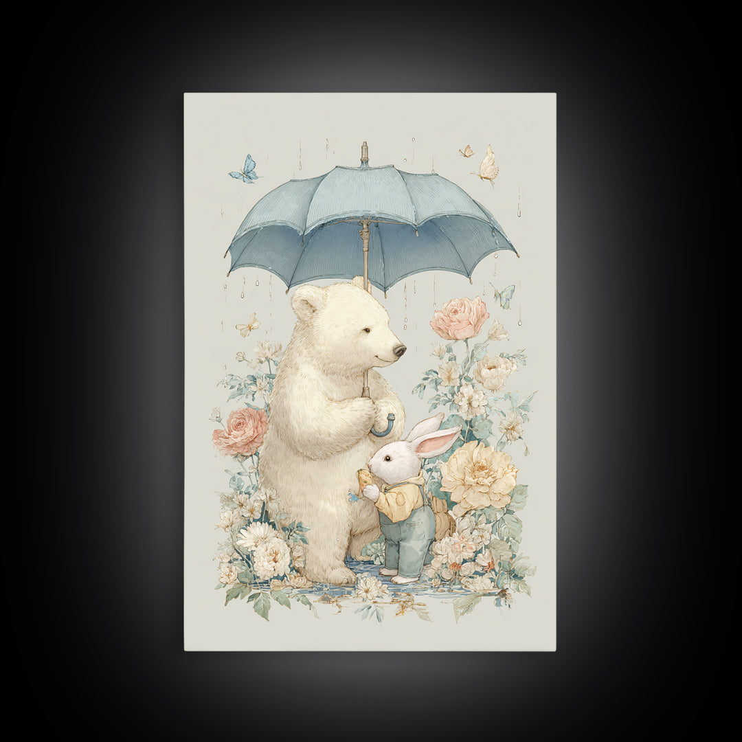 Bear and Rabbit Sharing Umbrella Framed Canvas Print, Nursery Art, Wall Art, Nursery Decor, Fine Art, Nursery, Nursery Prints, NUR-2x3-25