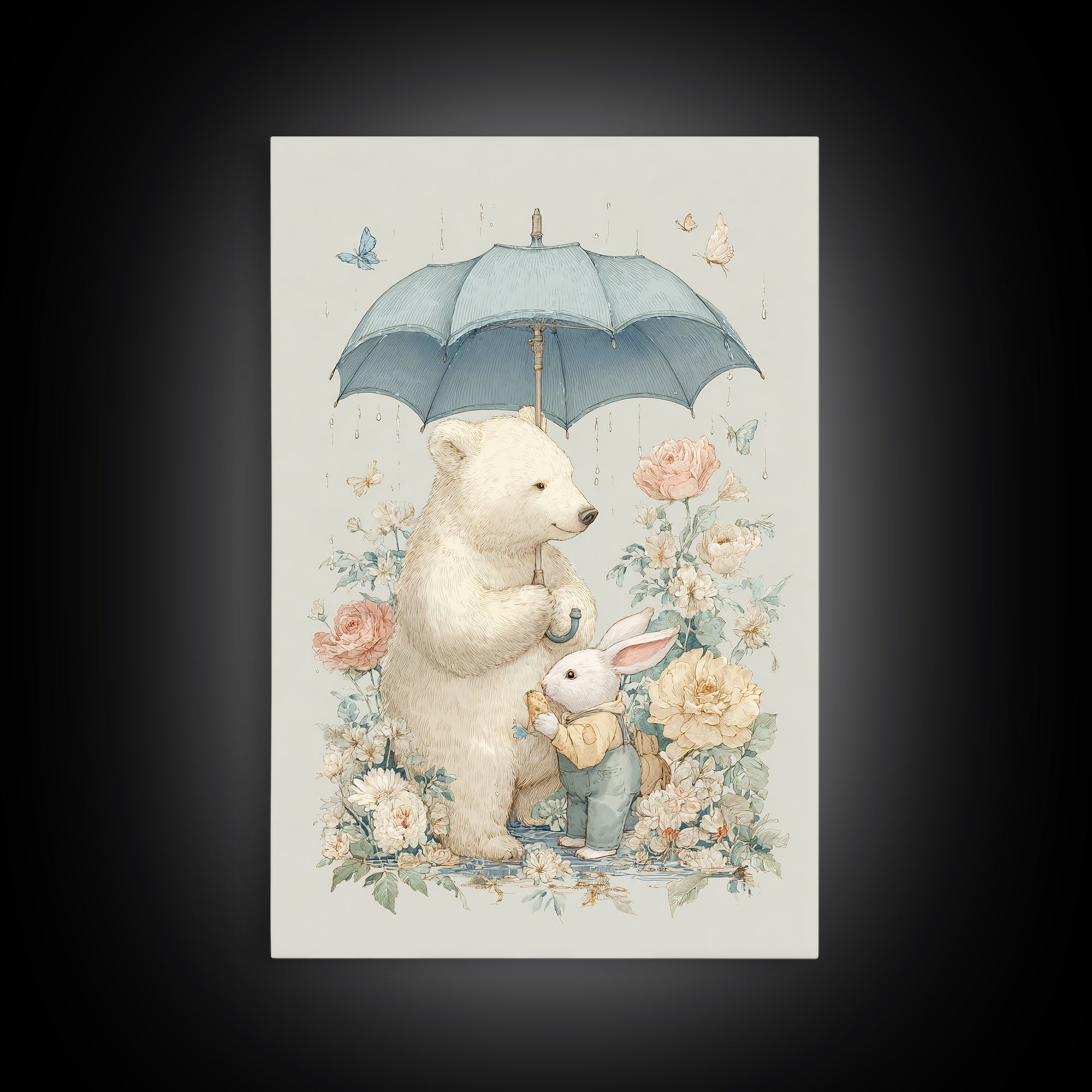 Bear and Rabbit Sharing Umbrella Framed Canvas Print, Nursery Art, Wall Art, Nursery Decor, Fine Art, Nursery, Nursery Prints, NUR-2x3-25