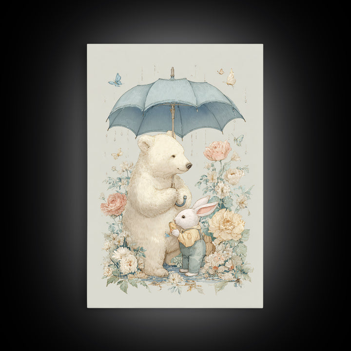 Bear and Rabbit Sharing Umbrella Framed Canvas Print, Nursery Art, Wall Art, Nursery Decor, Fine Art, Nursery, Nursery Prints, NUR-2x3-25