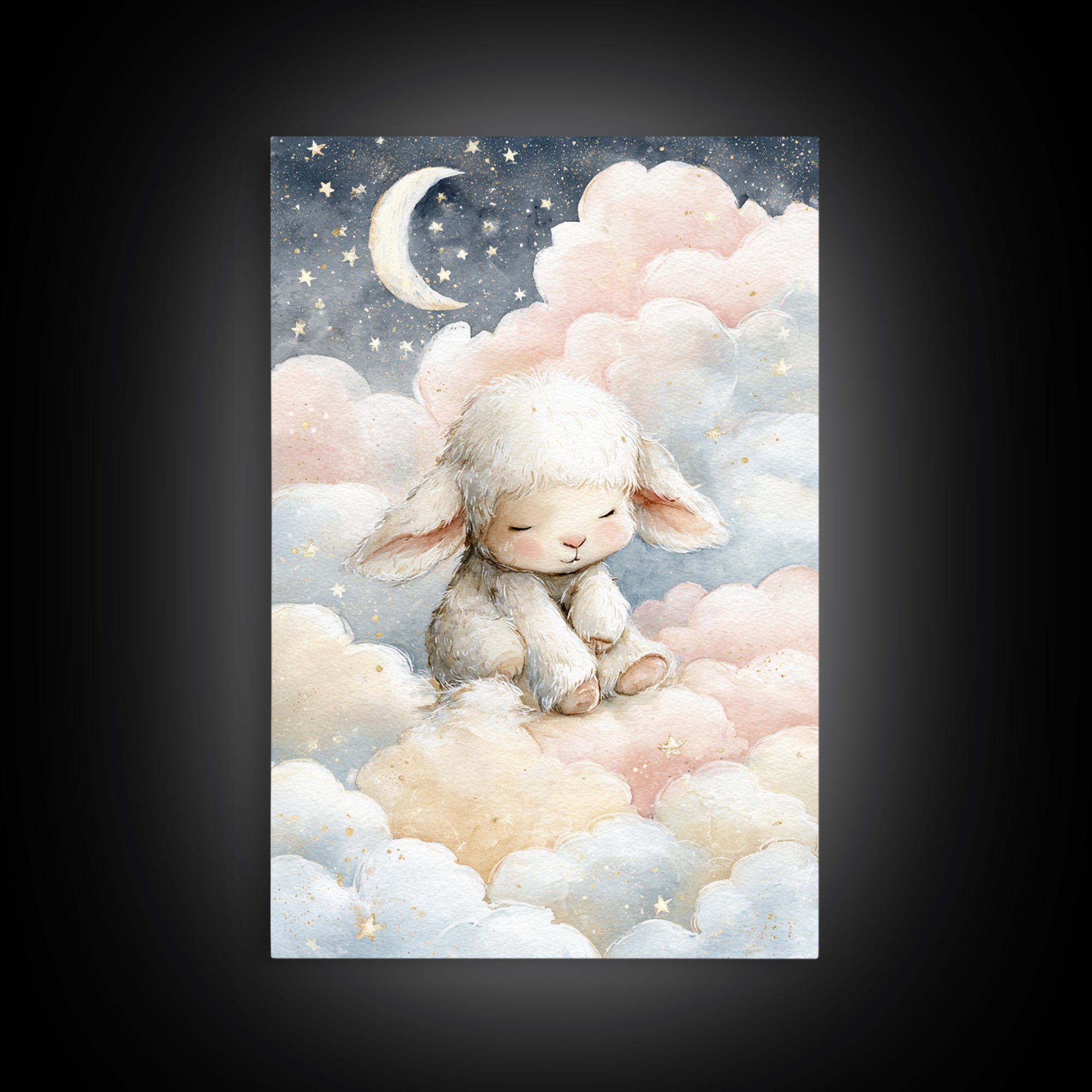 Little Lamb under a Starry Sky Framed Canvas Print, Nursery Art, Kids Room Art, Nursery Decor, Fine Art, Nursery, NUR-2x3-3