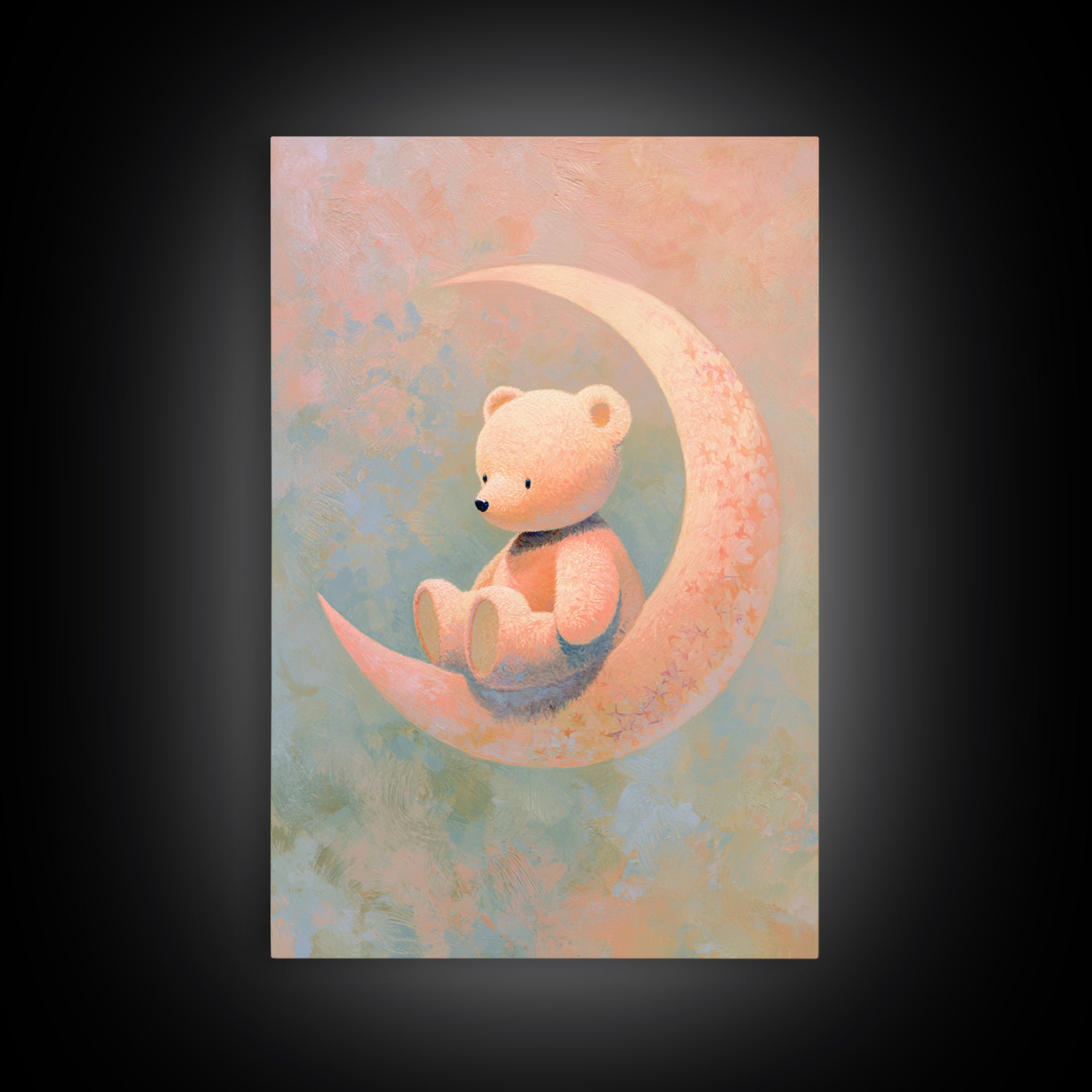 Baby Bear Floating on a Crescent Moon Framed Canvas Print, Nursery Art, Wall Art, Nursery Decor, Nursery, Nursery Prints, NUR-2x3-38