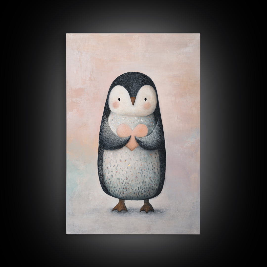 Penguin Holding a Little Heart Shape Framed Canvas Print, Nursery Art, Room Decor, Nursery Decor, Abstract Art, Nursery, NUR-2x3-42