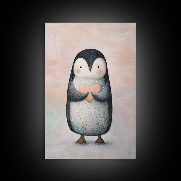 Penguin Holding a Little Heart Shape Framed Canvas Print, Nursery Art, Room Decor, Nursery Decor, Abstract Art, Nursery, NUR-2x3-42