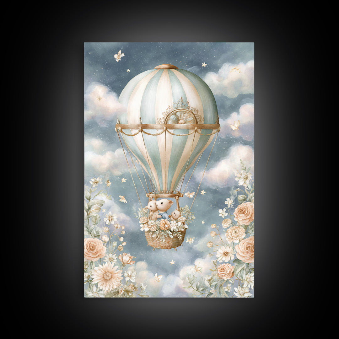Floating Hot Air Balloon Framed Canvas Print, Nursery Art, Woodland Nursery Art, Nursery Decor, Watercolor Art, Nursery, NUR-2x3-44