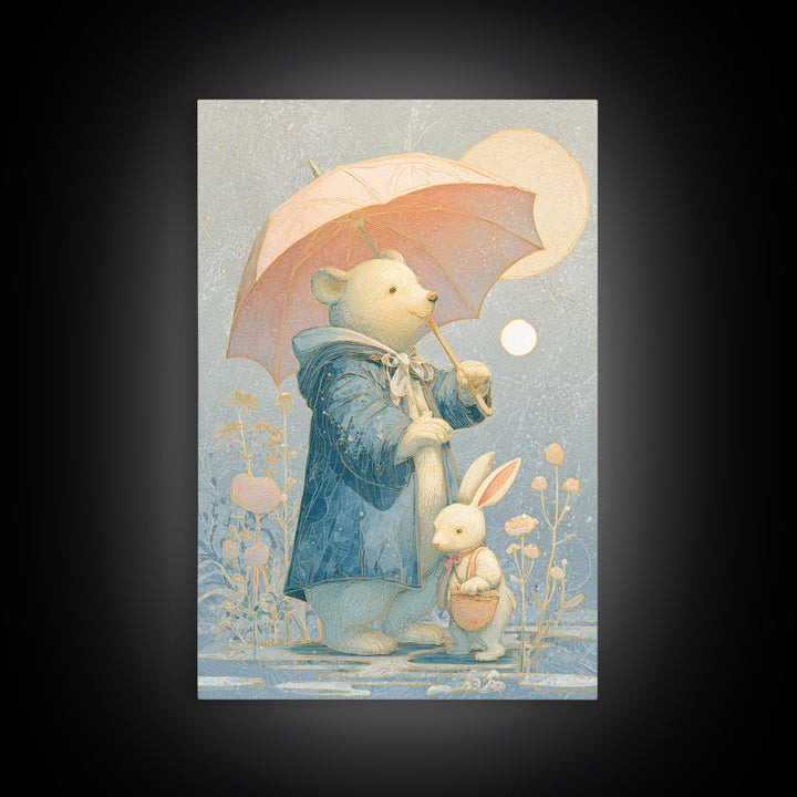Bear and Rabbit Sharing Umbrella Canvas Print, Nursery Art, Nursery Decor, Fine Art, Nursery, Kids Wall Art, Woodland Nursery, NUR-2x3-49