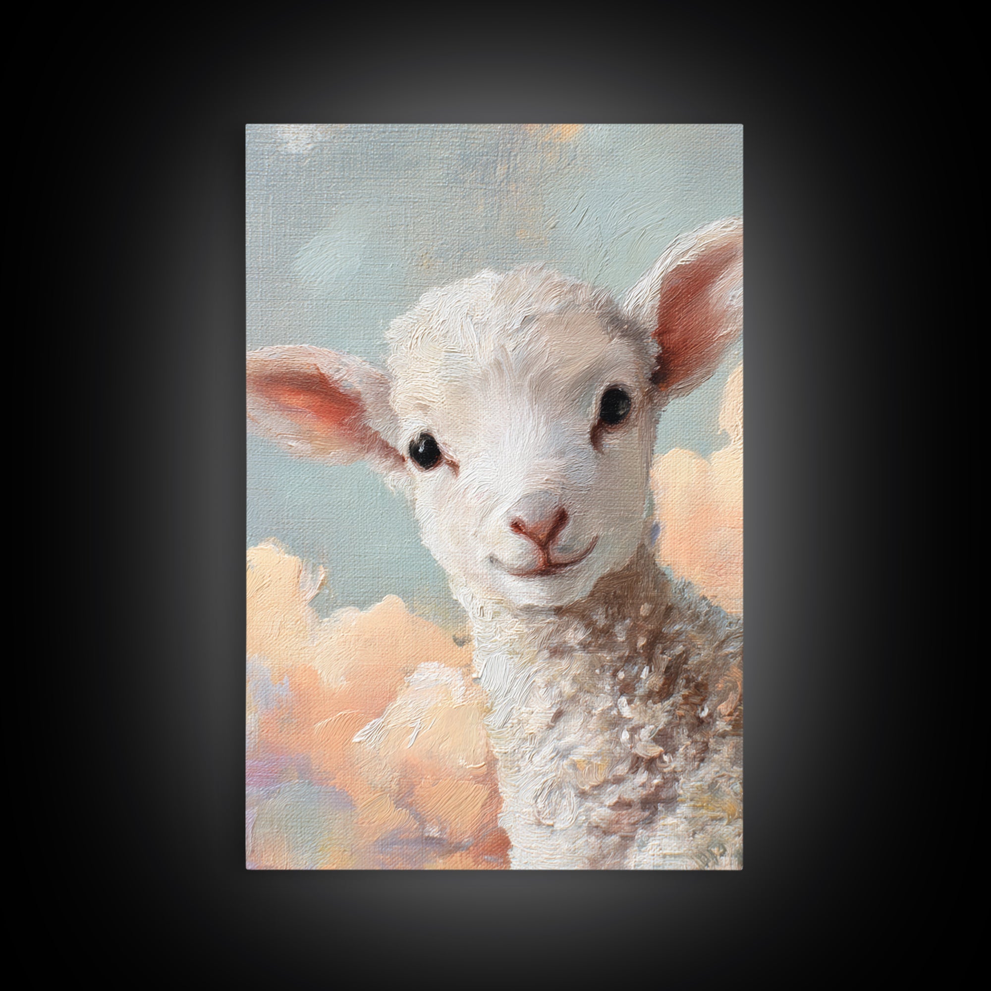 Little Lamb under a Starry Sky Framed Canvas Print, Nursery Art, Room Decor, Nursery Decor, Oil Painting, Nursery, NUR-2x3-51