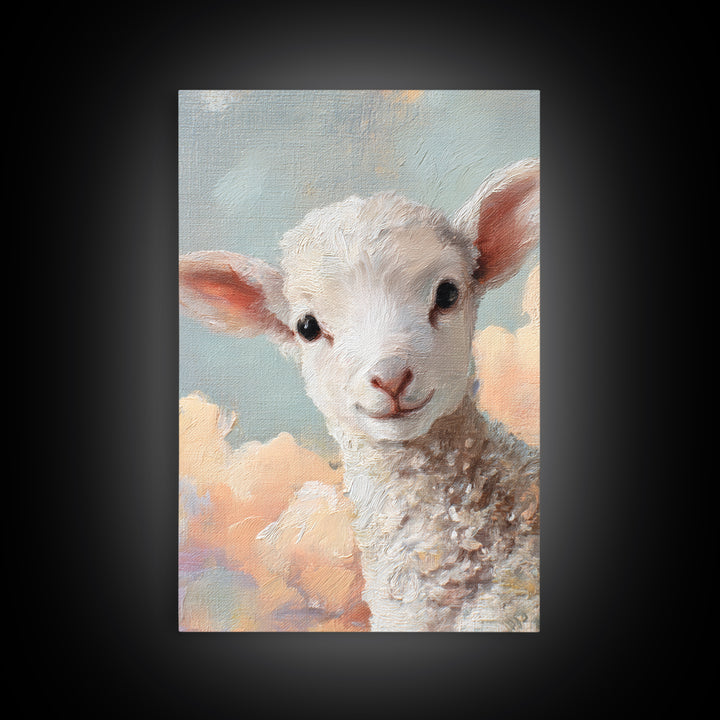 Little Lamb under a Starry Sky Framed Canvas Print, Nursery Art, Room Decor, Nursery Decor, Oil Painting, Nursery, NUR-2x3-51